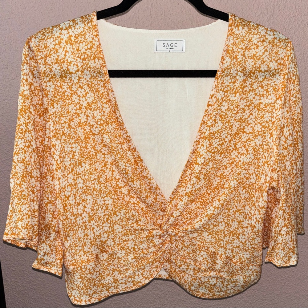 NWOT Sage Floral Yellow Boho V-Neck Cropped Blouse - Size L